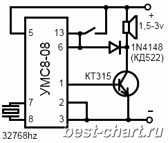 Принципиальная схема дверного музыкального звонка на микросхеме УМС8-08.