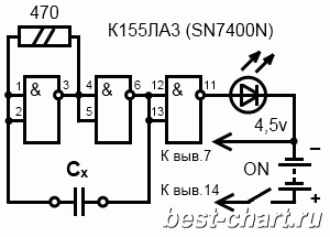 Принципиальная схема элементарного тестера электролитических конденсаторов на микросхеме К155ЛА3.