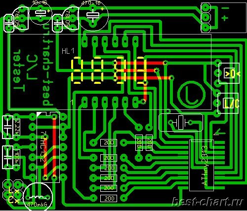 Печатная плата измерителя емкостей конденсаторов и индуктивности катушек (L/C тестера) на микроконтроллере ATtiny2313 в формате *.lay
