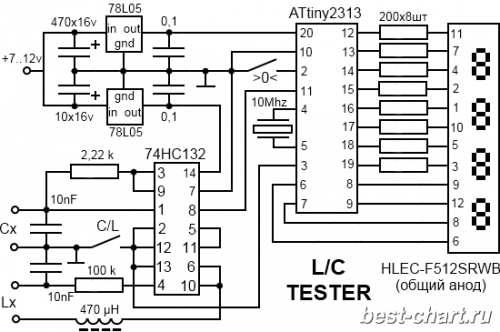 Принципиальная схема измерителя емкостей конденсаторов и индуктивности катушек (L/C тестера) на микроконтроллере ATtiny2313