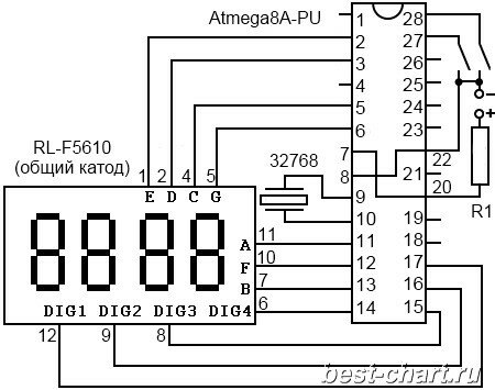 Принципиальная схема простых электронных часов на микроконтроллере Atmega8.