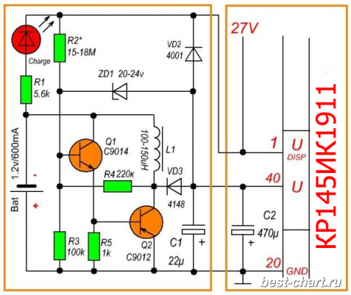 Схема бесперебойного источника питания часов на БИС КР145ИК1911 (1901)